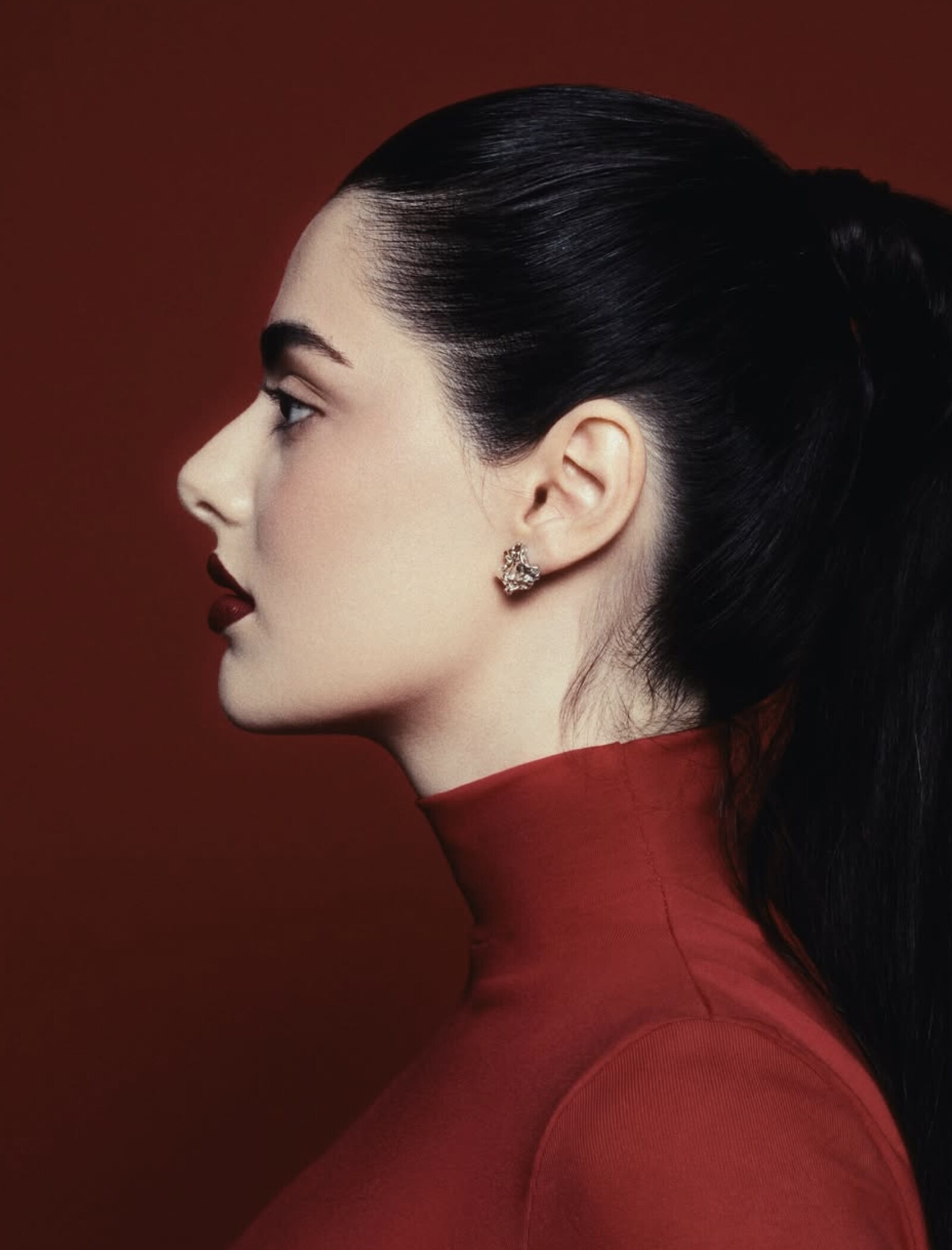 Profile portrait in a deep red turtleneck against a matching red background