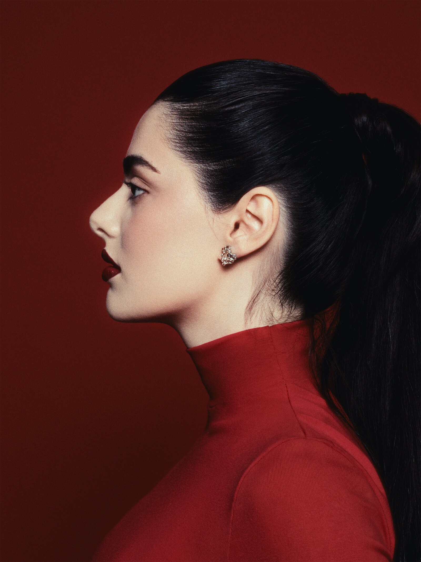 Profile portrait in a deep red turtleneck against a matching red background